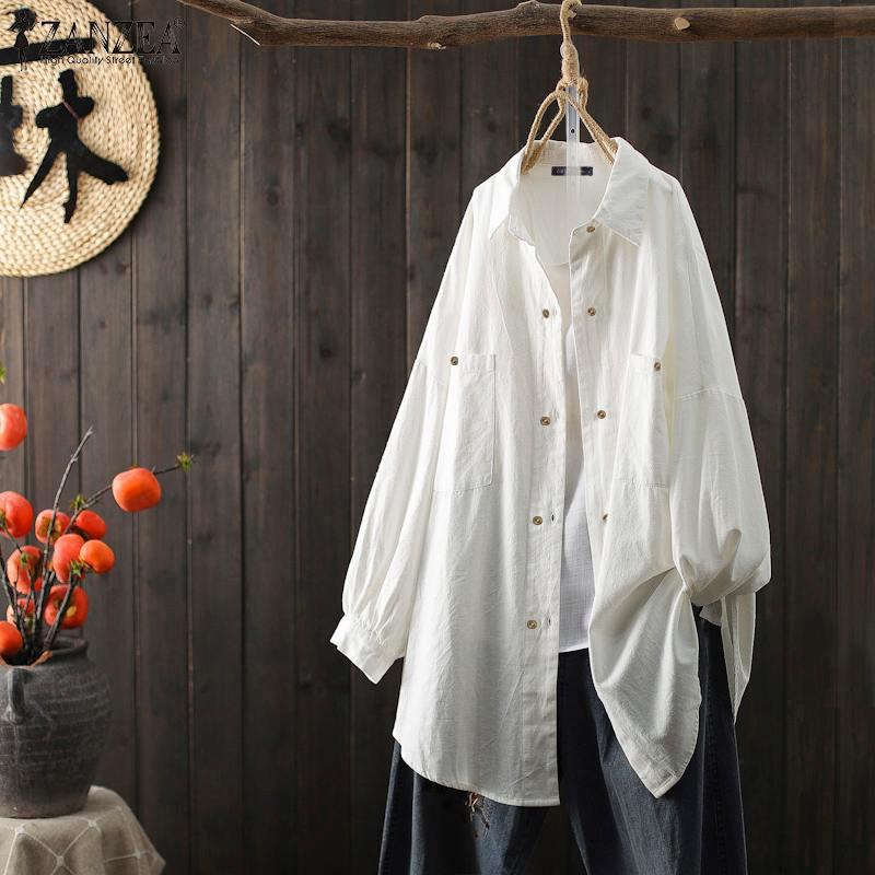 

Vintage Blouse for Women ZANZEA Ladies Double-breasted Shirt 2020 Autumn Long Sleeve Botton Up Shirt Casual Solid Tops Oversize, White
