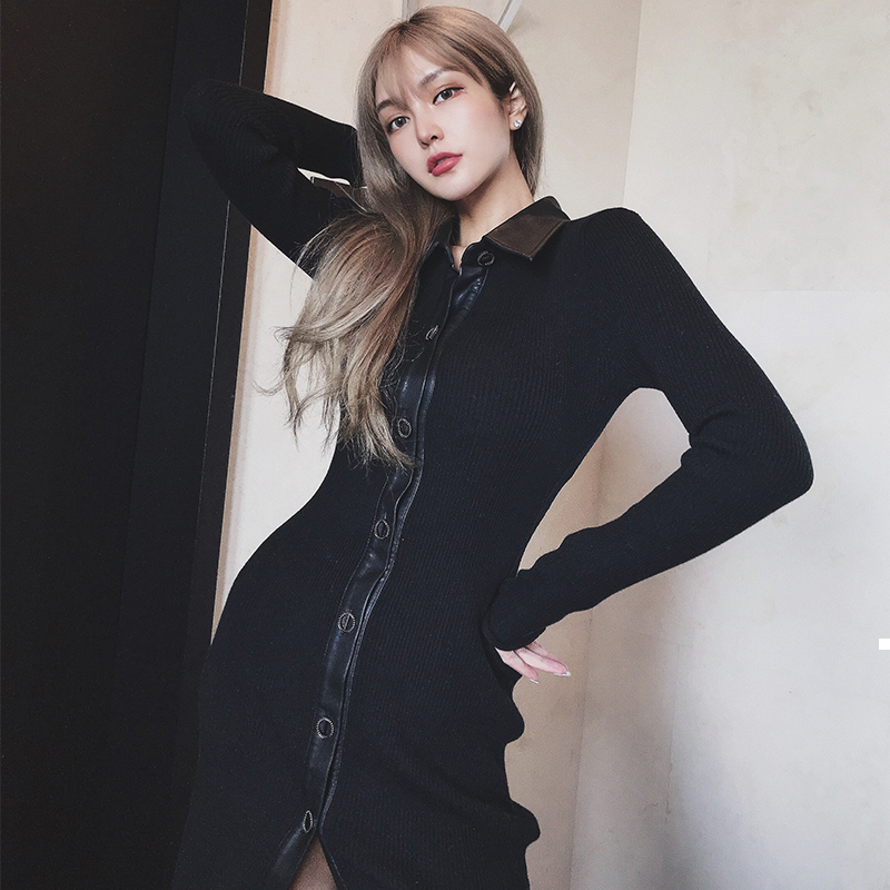 

New 2021 New Black Knit Female Placket Collar Leather Stitch Sexy Designer Midi Dress 2tv0 BRPL