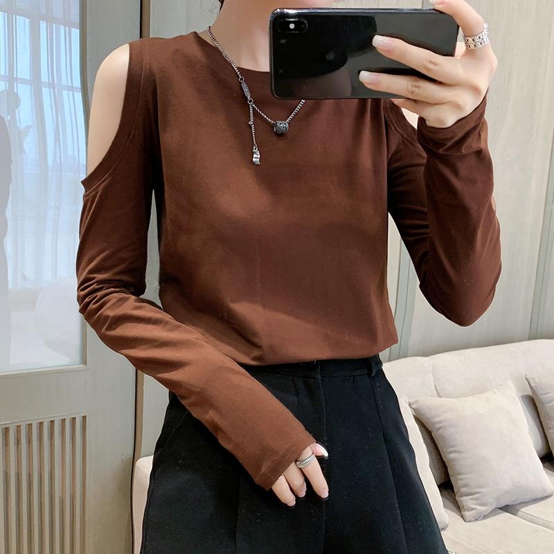 

BETHQUENOY Off Shoulder T Shirt Plus Size Tops Woman Tshirts Cotton Long Sleeve Clothes Fall T-Shirt Femme Camisetas Mujer 2020, Black
