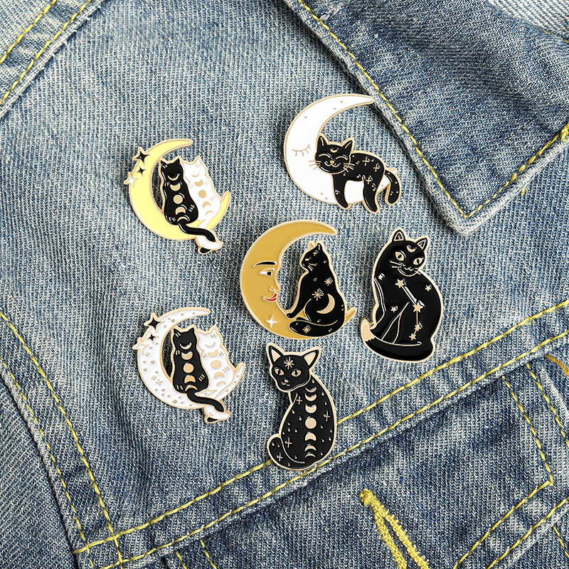 

Moon Black Cat Enamel Brooches Pin for Women Fashion Dress Coat Shirt Demin Metal Brooch Pins Badges Promotion Gift 2021 New Design, Mixed colors