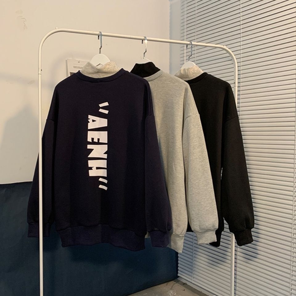 

2021 New Gangfeng Plus Velvet Semi-tall Necklace Men's Clothes in the Autumn and Warm Winter Loose Joker UN02, Black