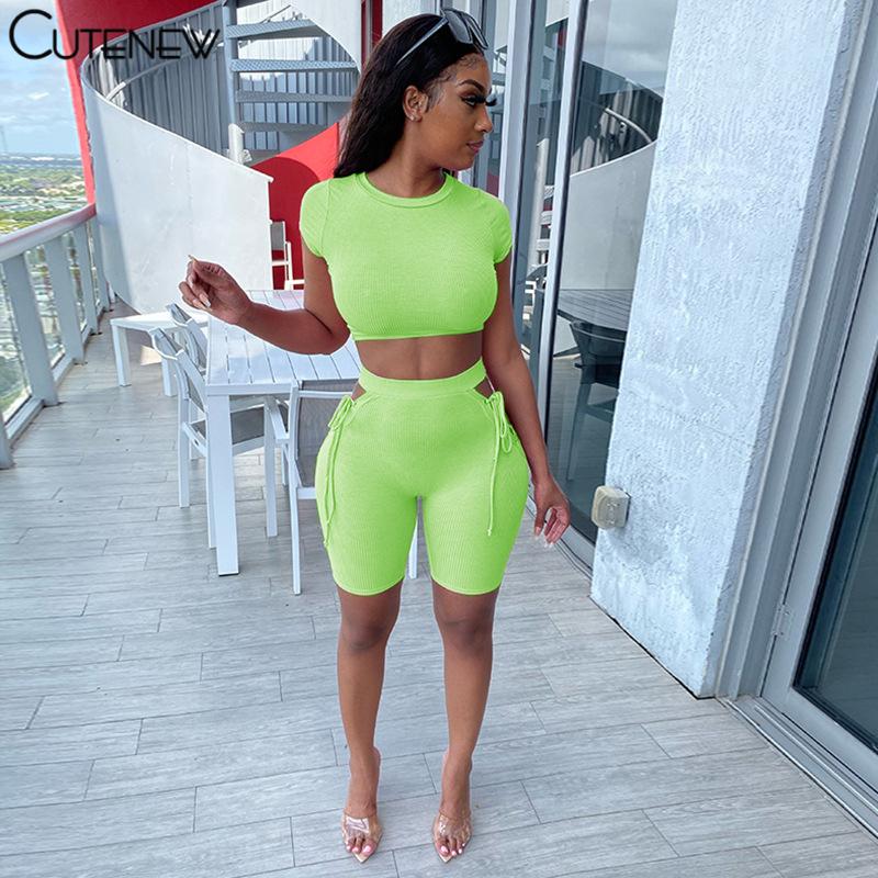

Women's Tracksuits Cute Casual Sporty Matching Women Two Piece Suit Solid Short Sleeve Top+Bandage Hollow Out Shorts Stretchy Slim Lady Clot, Gray