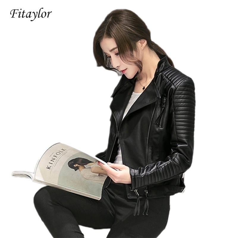 

Fitaylor Women Spring Autumn PU Leather Jacket Casual Slim Soft Moto Jacket Biker Faux Leather Jacket Women 201223, Black