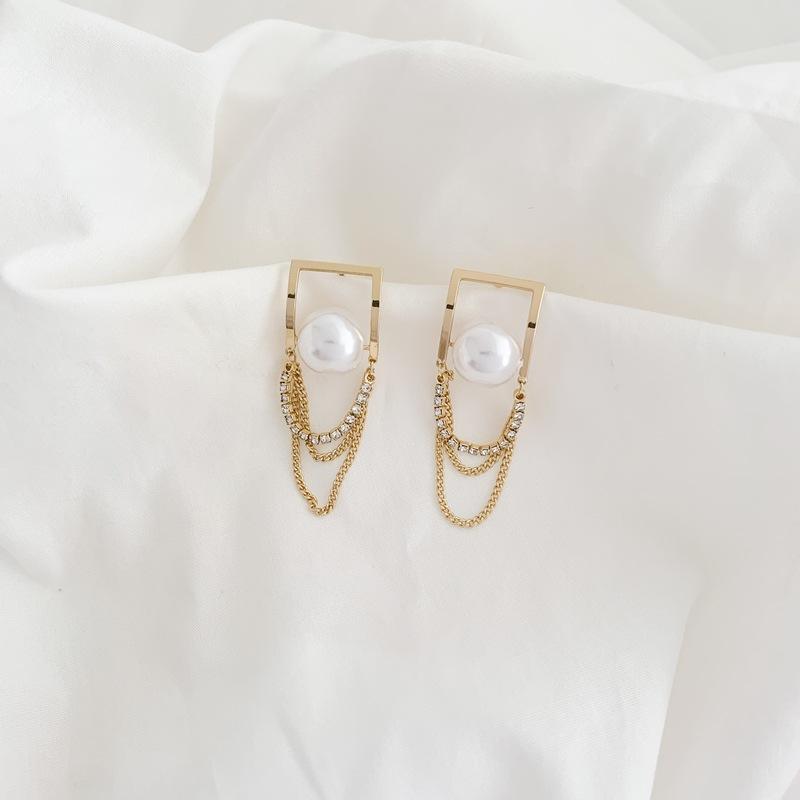

Origin Summer Korean Fashion Square Geometrical Pearl Chain Dangle Earrings for Women Elegant Hollow Earrings Wedding Jewelry
