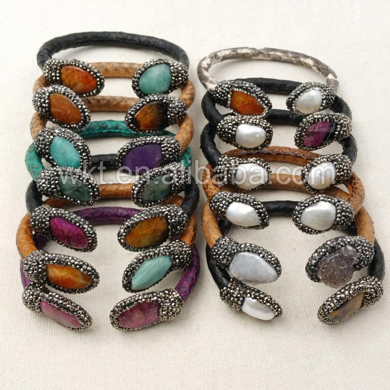 

WT-B279 Wholesale Women fashion natural double stone bangle, Gorgeous precious leather stone bangle handmake rhinestone bangle1