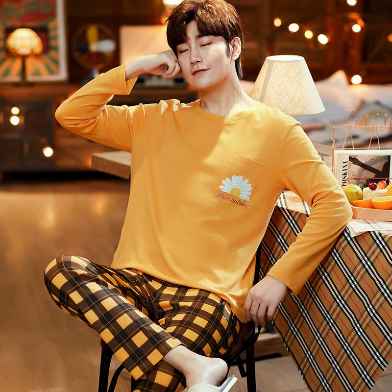 

Autumn Winter Knitted Cotton Men's Pyjamas Orange Lattice Long Pants Pajamas Set Casual Male Sleepwear Daisy Pattern Homewear, A008