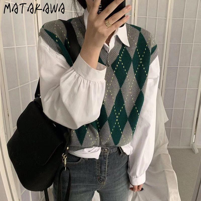 

MATAKAWA Japanese Fashion Waistcoat Retro Diamond Knit Sweater Vest Korean Ins Autumn V-Neck Argyle Kntted Vest, Shirt
