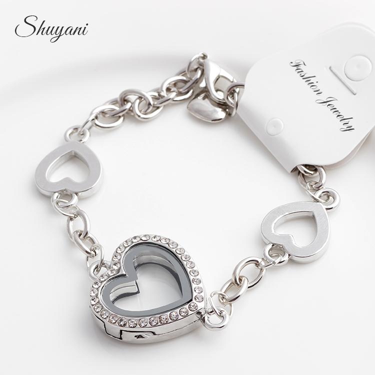 

10pcs/lot Cheap Costume 4 Color Alloy Heart Locket Bracelet DIY Memory Glass Bracelet For Femme (Free Shipping)BLT#705