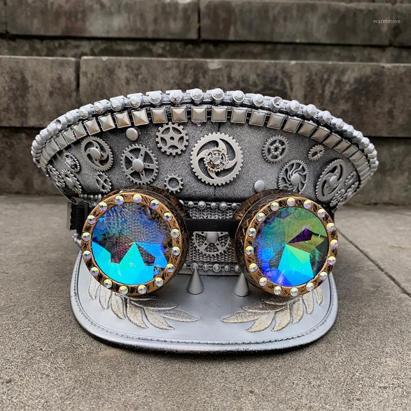 

6Stlye Steampunk Hat Germany Officer Army Hat Punk Hats Cap Cosplay Halloween With Punk Glasses1, Gold jfq