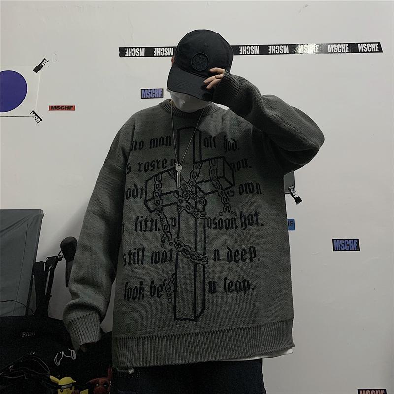 

Vintage Cross Sweater Ins Harajuku Letter Sweater Loose Round Neck Long Sleeve Thick Cotton Autumn Women, Black