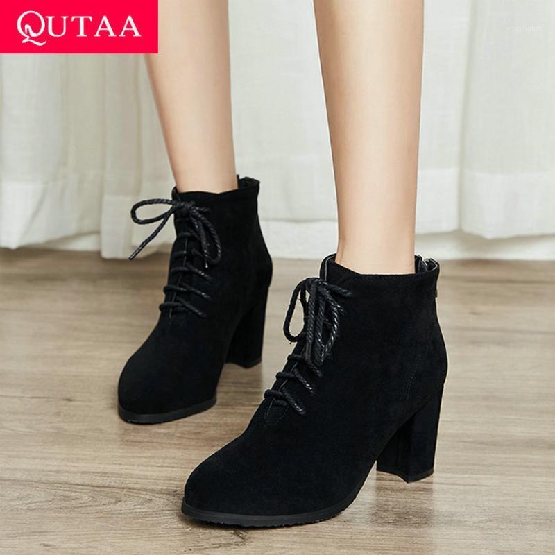 

QUTAA 2020 Lace Up Zipper Round Toe Casual Ankle Boots Flock Fashion Square High Heel Autumn Winter Women Shoes Big Size 34-431, Black