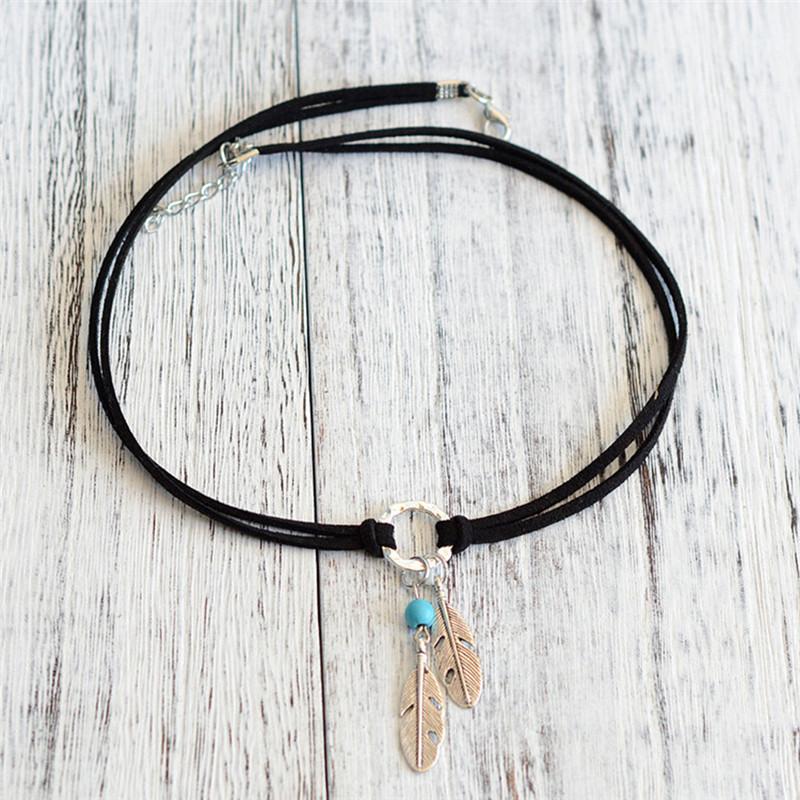

Jewelry Gift Choker Black Brown Leather Choker Necklace Antique Silver Color Feather Shape Charm Bohemian Chain Necklace