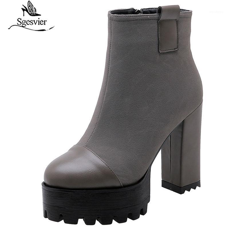 

Sgesvier Round Toe PU Leather Platform Zipper Casual Ankle Boots Fashion Square High Heel Autumn Winter Women Shoes Woman G7681, Black
