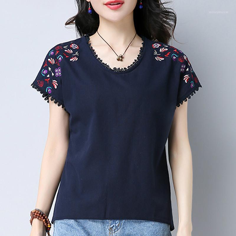 

summer women 2020 new blouses shirts fashion casual o-neck female ladies tops floral embroidery solid women clothing1, White