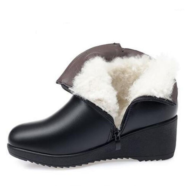 

2020 Famous New Genuine Leather Boots Inside Cloth / Plush / Wool Warm Snow Boots Plus Size Wedges High Heels Warm Winter1, Black inside plush