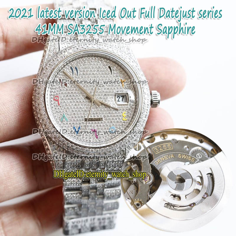 

2021 Latest version Rainbow Arabic Diamonds Dial SA3255 Automatic 86409 126334 126333 Mens Watch Iced Out Full Diamond Case eternity Watches, Book + card