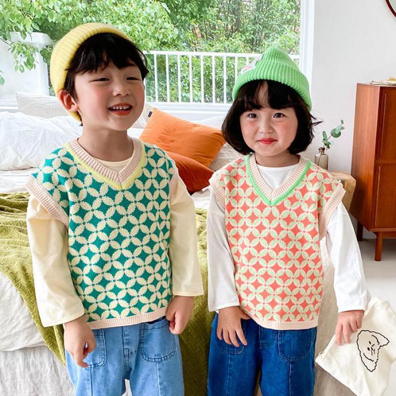 

2021 Autumn New Boys V-neck Cotton Plaid Knitted Sleeveless Vest Kids Sweater Baby Girls Clothes S3cm, 2023orange