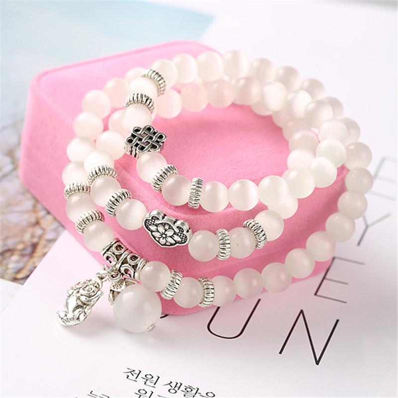 

2020 New Fashion Men and Women Crystal Beaded Pixiu Bracelet National Style Set 3pcs White Cat's Eye Pixiu Transfer Bracelet1