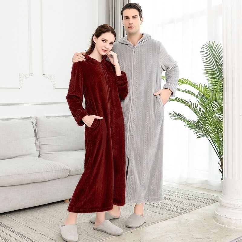 

Extra Long Plus Size Winter Warm Flannel Bathrobe Women Men Zipper Hooded Bath Robe Couple Thicken Warm Dressing Gown Sleepwear 210203, Wine red-women