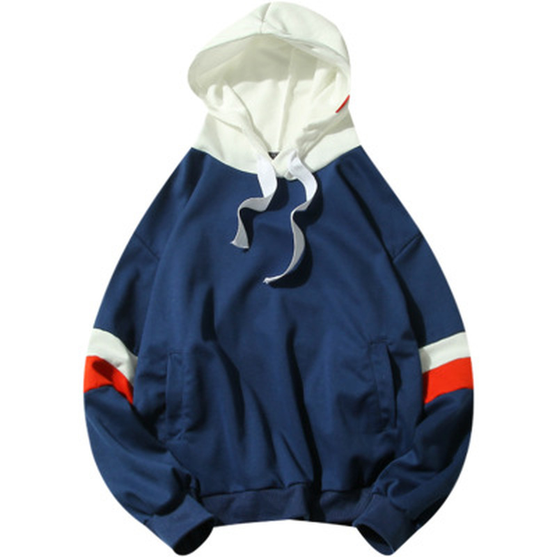 

Hooded Shirt Sweatshirt Brand Men's Casual Patchwork Stitching Parallel Bars Slim Hoodie Jacket Hip Hop Headscarf, Navy