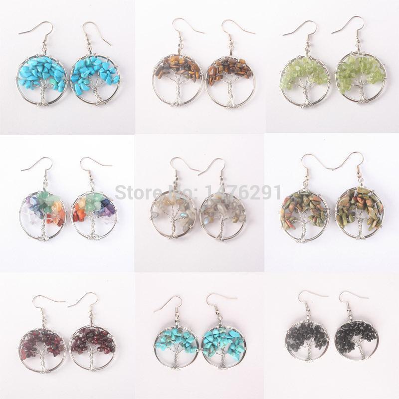 

Tree Of Life Wire Wrapped Tumbled Stone Beads Round Dangle Drop Hook Earrings 1pair1