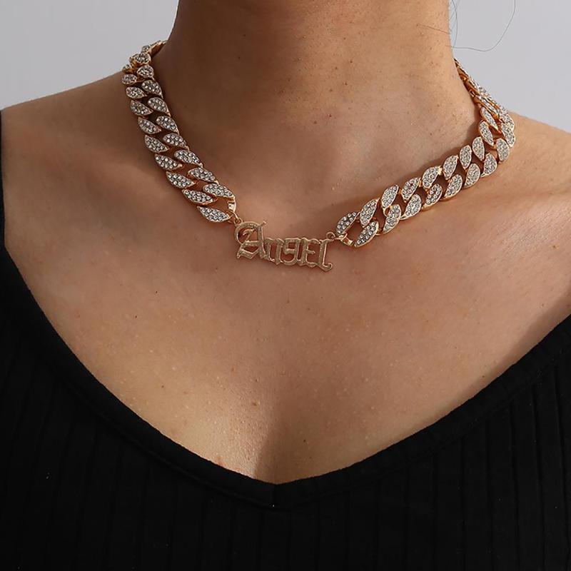 

SHIXIN Hip Hop Iced Out Chain Necklace Women/Men Rhinestone Short Choker Colar Angel Letter Necklaces Egirl Neck Jewelry Collier