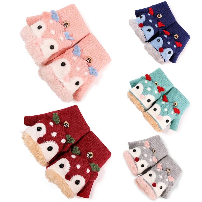 

Toddler Kids Winter Knitted Flap Cover Convertible Gloves Christmas Cartoon Reindeer Thermal Warm Plush Lined Flip Top Fingerles