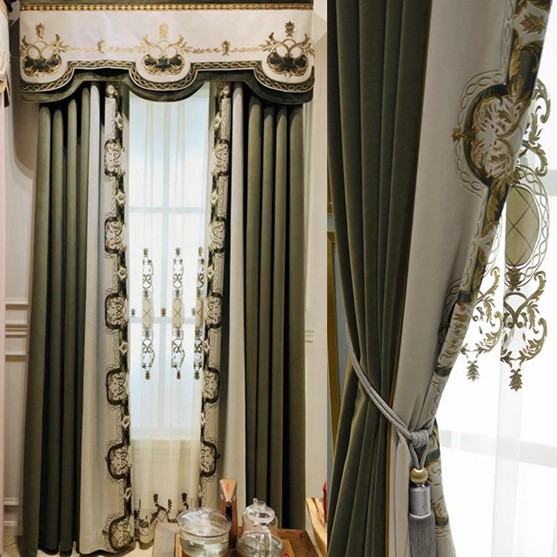 

Light luxury French style new Chinese style standing edge Xiu flannel embroidery stitching solid color curtain villa living room, Tulle