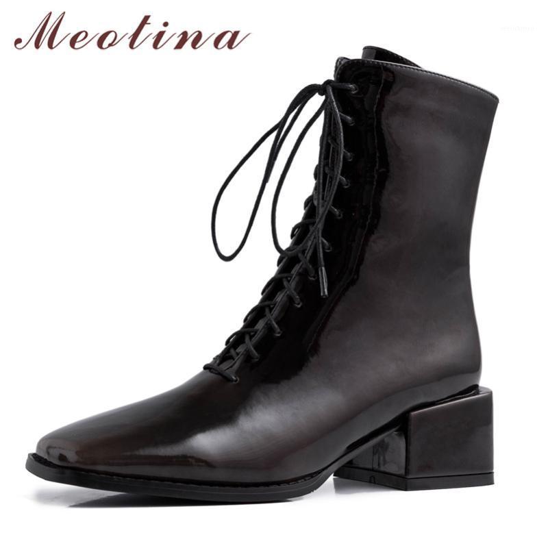 

Meotina Women Short Boots Shoes High Heel Ankle Boots Lady Square Toe Chunky Heels Zip Lace Up Autumn Winter Black Size 401, Black synthetic lin