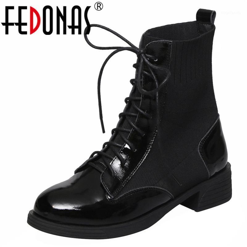 

FEDONAS 2020 New Black Cow Patent Leather Knitting Women Ankle Boots Classic Round Toe Square Heels Western Boots Office Shoes1