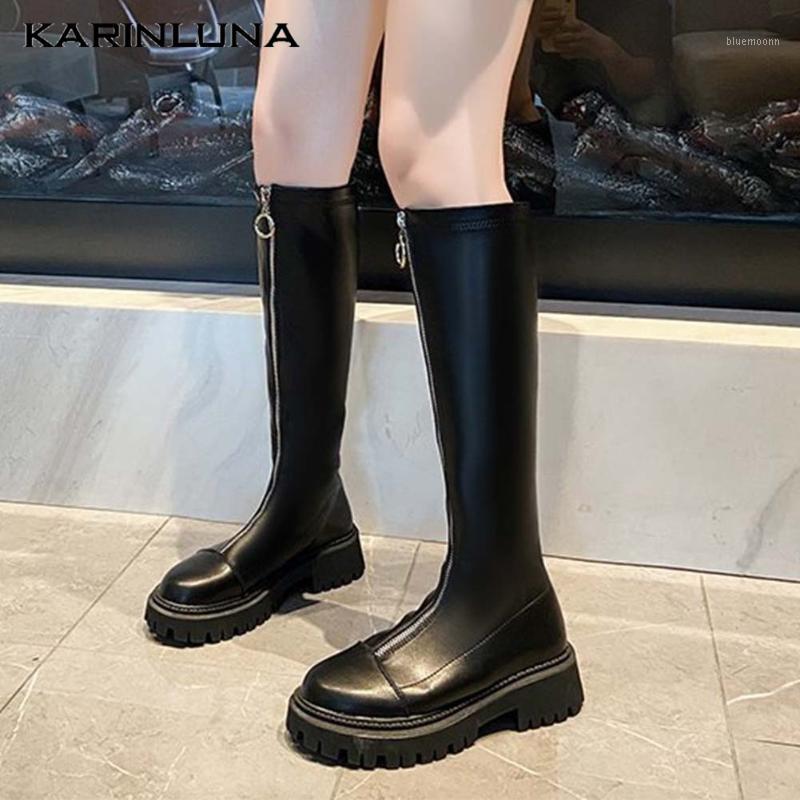 

Wholesale On Sale High Quality Stylish Shoes Round Toe Square Thick Heels Solid Zip Up Ankle Boots Solid Big Size 401, Black long