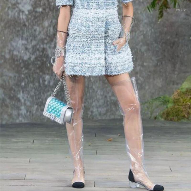 

Fashion Luxury Transparent Boots Women Crystal Heel Over The Knee Boots Slip-on Low Heel Thigh High Sexy Rain Woman1, White 01