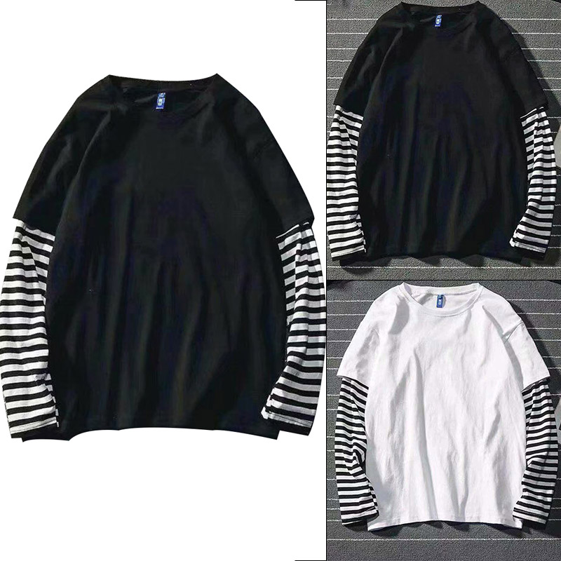 

Men's Korean Version Fake Two-Piece hoodies Bottoming Shirt Couple Loose Long-sleeved Striped Casual Autumn Tops, Wt