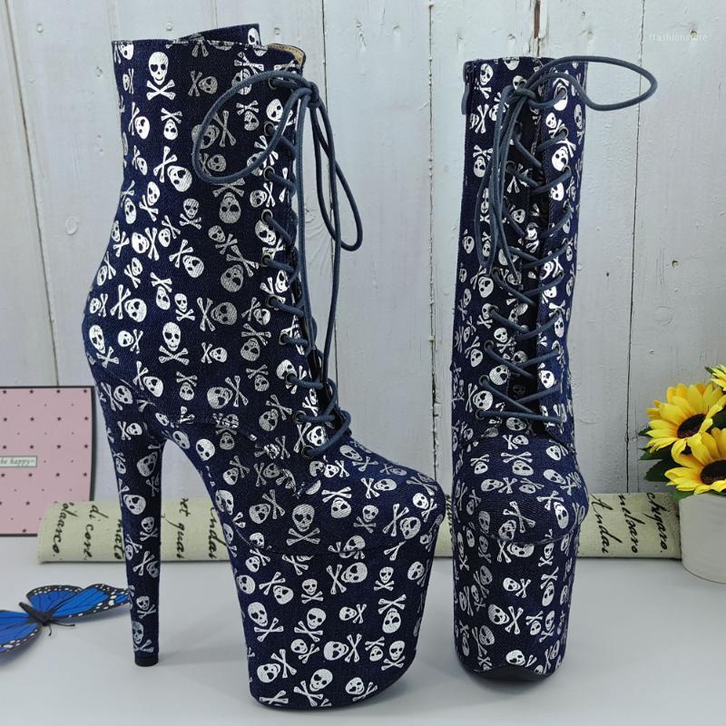

Leecabe Skull printing demin 20CM/8inches Pole dancing High Heel platform closed toe Pole Dance boots1, Same as picture