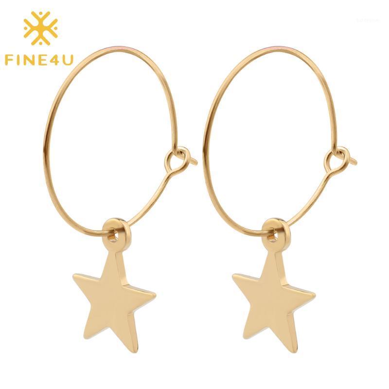 

FINE4U E177 Stainless Steel Round Hoop Star Dangle Earrings Women Lightweight Cool Stud Huggie Clip On Girls1
