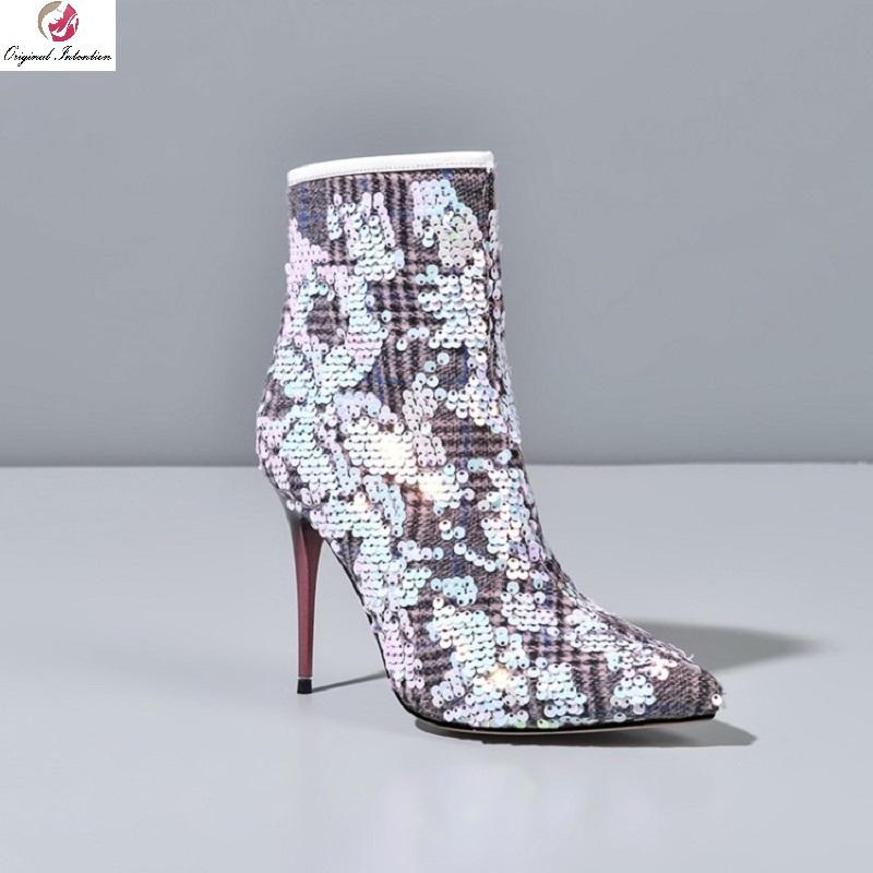 

Autumn Winter Pointed Toe Ankle Boots For Women Plaid Sequins Pattern Leather High Heels Boots Party Ankle Big Size 33-45, Ef8342 plaid sequins