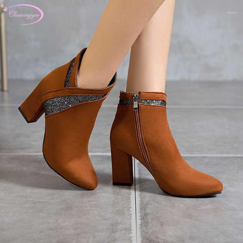 

Party style sexy pointed toe flock ankle boots crystal zipper green yellow black high-heeled chunky riding boots women's shoes1