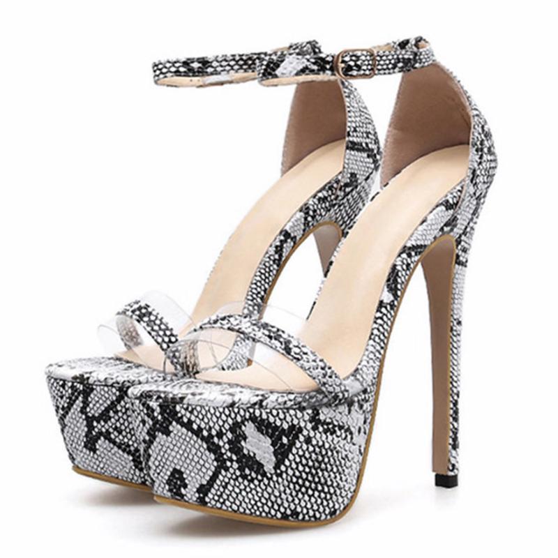 

16cm Ultra High Heels Women's Sandals Summer Woman Shoes PU Platform Sexy Party Open Toe Ankle Strap Lady Office Pumps Plus Size, Black