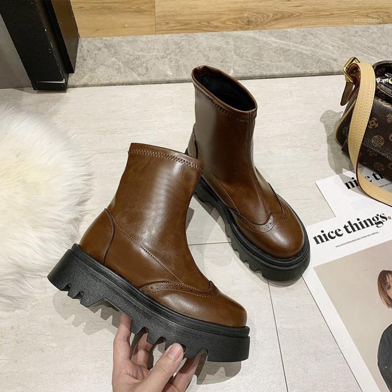 

Women Platform Pu Leather Ankle Boots Ladies Thick Bottom Non Slip Short Boot Female Shoes High Quality Hot Fahsion Footwear1, Brown