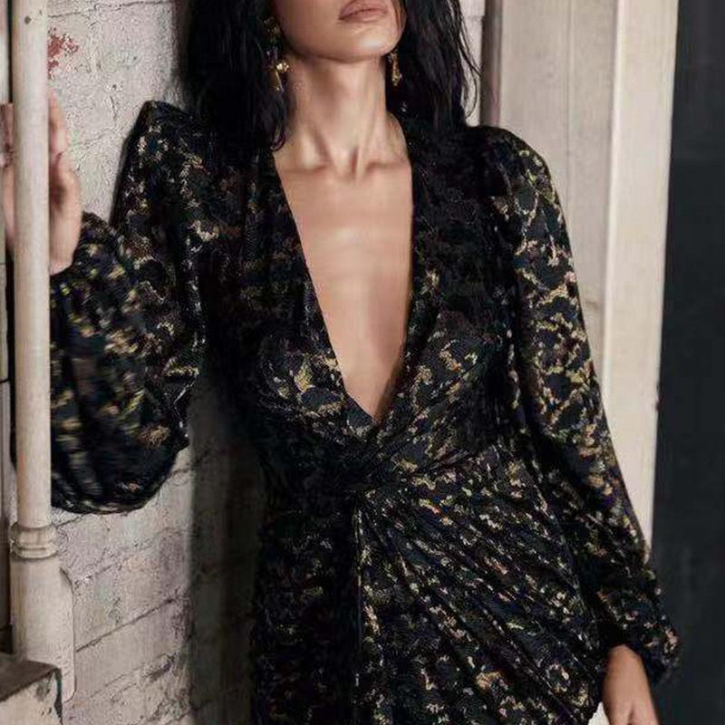 

2021 New Woman Dressed Deep v Sexy Floral Embroidered Lantern Spring Vintage Asymmetric Track Female Dress Wply, Black