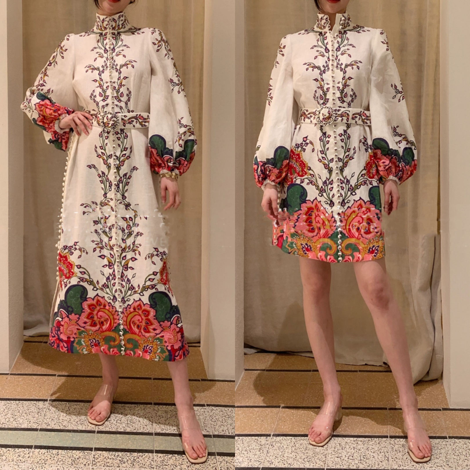 

Spring new ZIMM high quality retro floral stand collar high waist long sleeve linen dress, Short dress