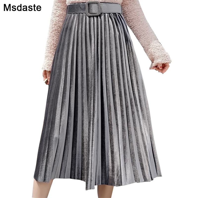

Skirts Women Autumn Mid-calf Length Faldas Mujer Moda Elastic High Waist Jupe Femme Saia Midi Solid Female Pleated Skirt Y200326, Gray