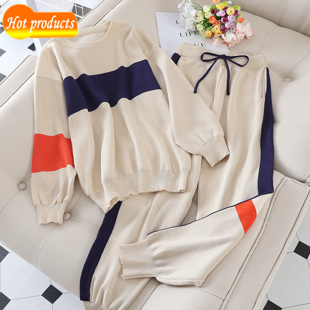 

2 2020 casual female tender sport Korean outfits loose fall fashion long sleeve ensemble knitted sweatsuit set JHKQ, Beige