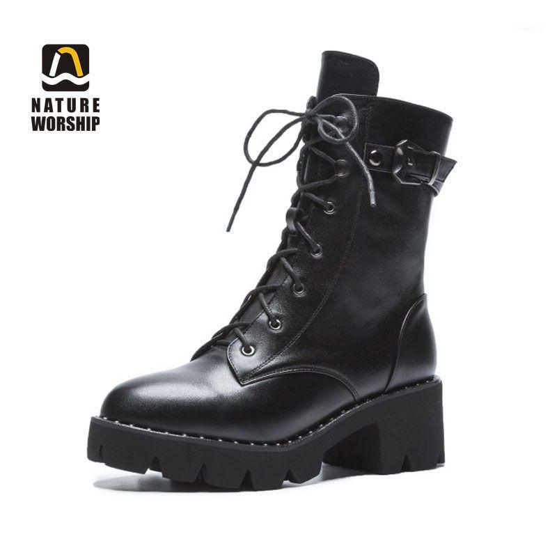 

Spring Autumn Women Motorcycle Short Boots Lady Plus Size Genuine Leather Lace-up Zipper Buckle Strap Solid Platform Fashion1, Black