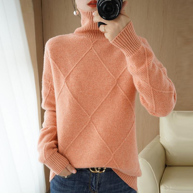 

Turtleneck Wool Solid color sweater casual loose women' Cashmere sweater Long sleeve Autumn and winter Trend Ladies, Blue
