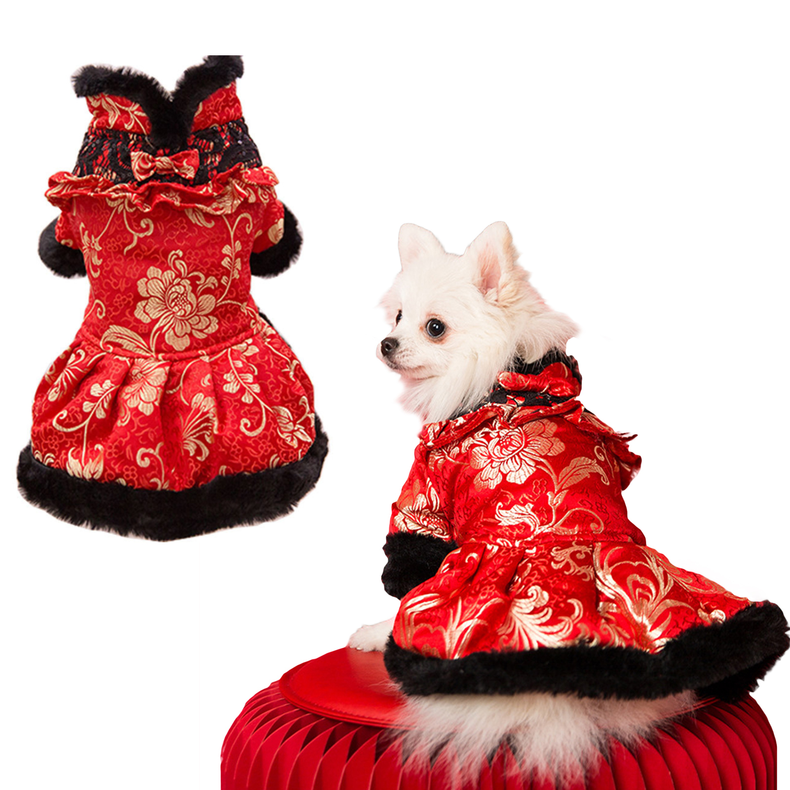 

SEIS New Year Dog Black Lace Bowknot Dress Cat Cheongsam Winter Princess Pet Skirt Costume of the Tang Dynasty Christmas Peony Coat for Cats