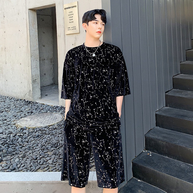

2021 Summer Men 3d Hot Velvet Puncture of Sleeves Shirt + Shorts 2 Piece Define Vintage Men's Fashions Casual Short Pants Xmi6, Black