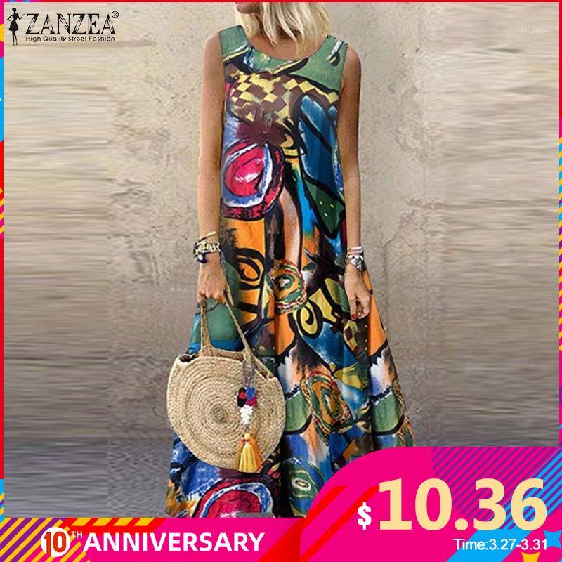 

ZANZEA Women Bohemian Sleeveless Floral Printed Sundress Summer Dress Robe Vintage Kaftan Beach Vestido Femme Sarafans Plus Size1, Style2 red