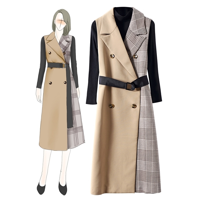 

2019 Autumn Winter Long Sleeve Knitted Top + Sleeveless Houndstooth Belted Double-Breasted Mid-Calf Dress Two Piece 2 Pieces Set N149101913, Multi