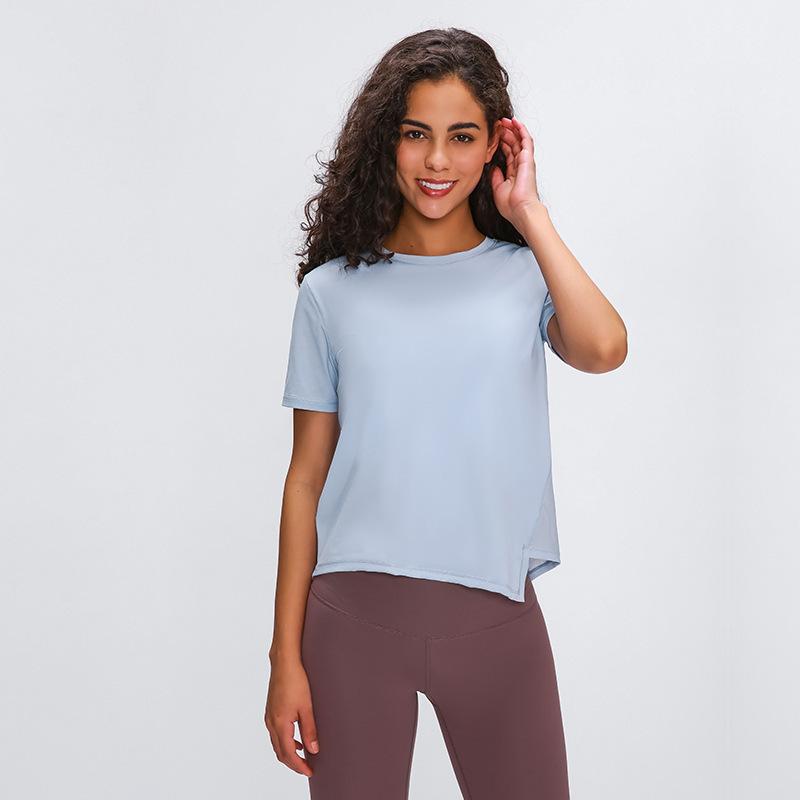 

2020 loose fit quick dry yoga short-sleeved tops women training running gym moisture absorption solid color fitness t shirt, Black